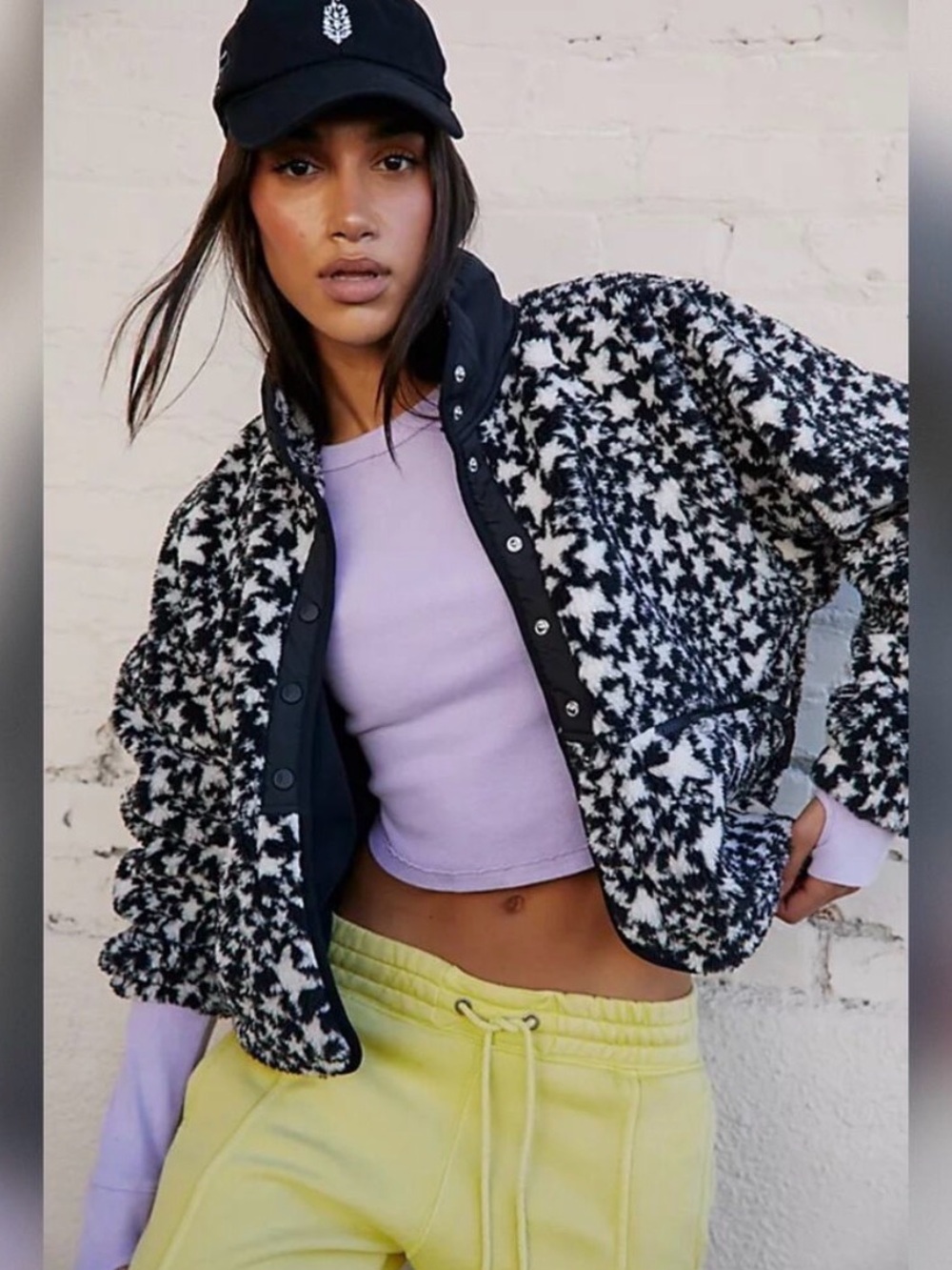 Free People Black & White Houndstooth Teddy Jacket